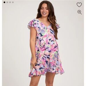 PinkBlush Lavender Floral Tiered Flutter Sleeve Dress Medium -Bump/Maternity